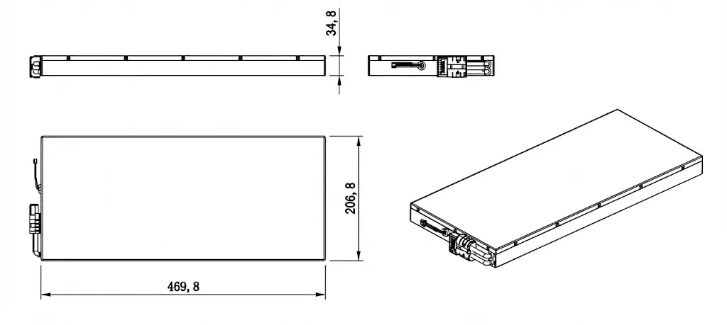 38.4V 5Ah LiFePO4 Battery 2D Dimensions Diagram