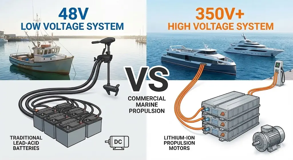 Comparison of 48V low voltage lead-acid system for small boats versus 350V+ high voltage LiFePO4 system for commercial marine propulsion and electric yachts.
