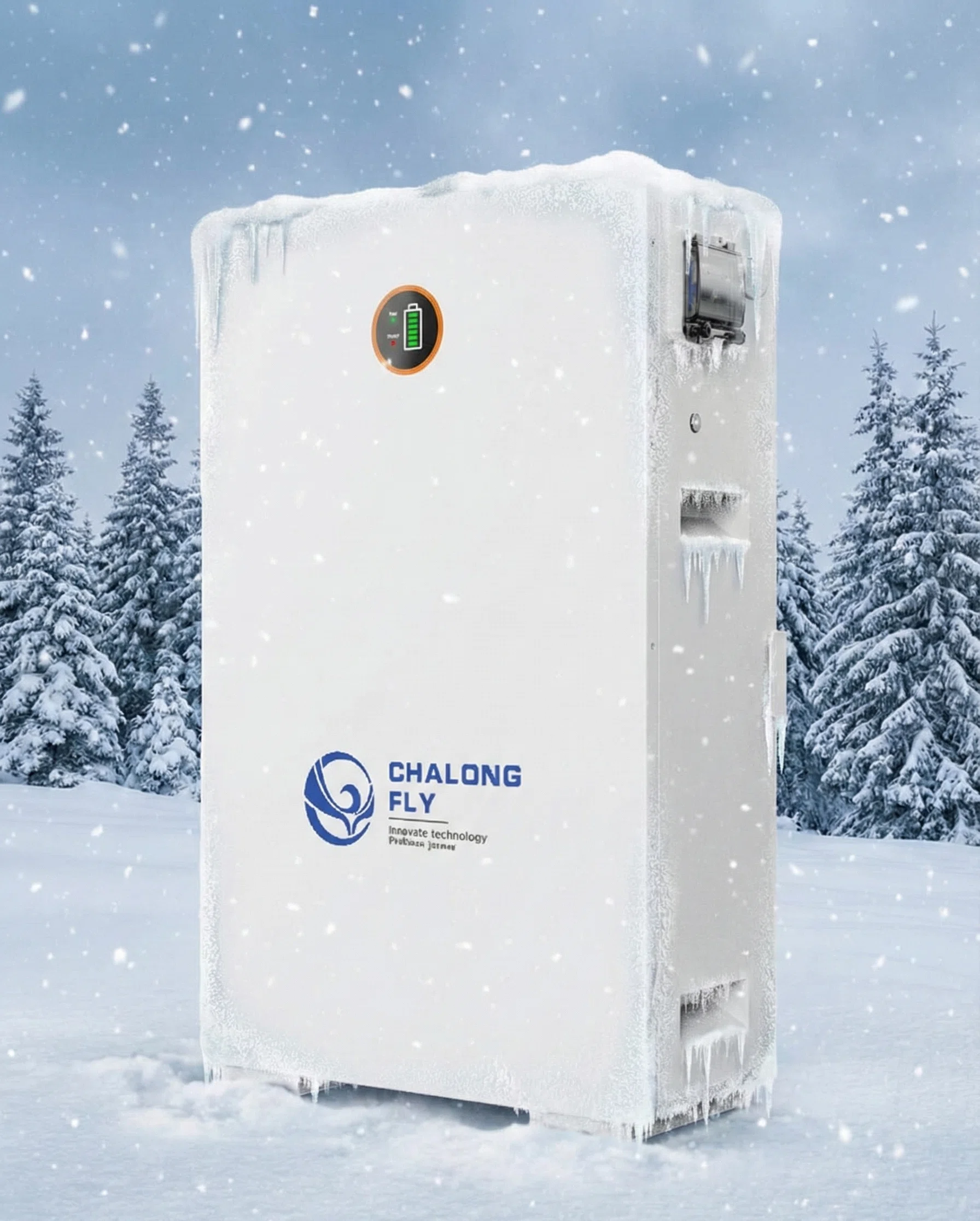 Chalong Fly CF-SodiumWal-5 48V wall-mounted sodium-ion battery energy storage system, shown with frost covering its casing in a snowy, cold weather environment, demonstrating its low-temperature resilience.