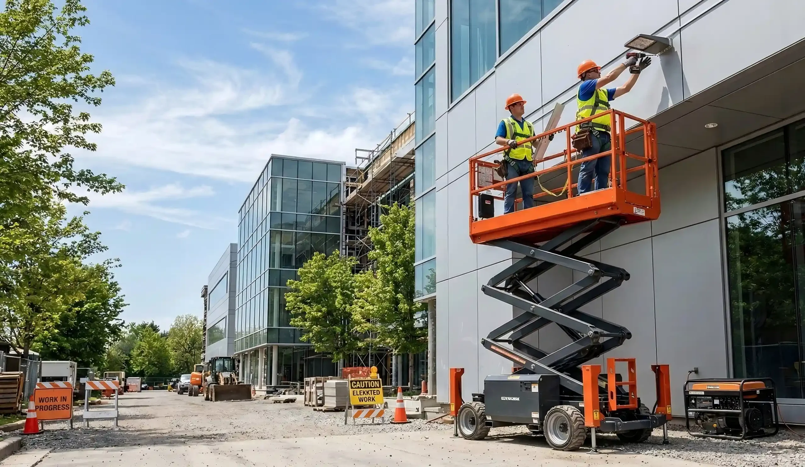 A scissor lift (AWP) operating at elevation on a construction site with workers on board, powered by a reliable Chalong Fly motive power battery