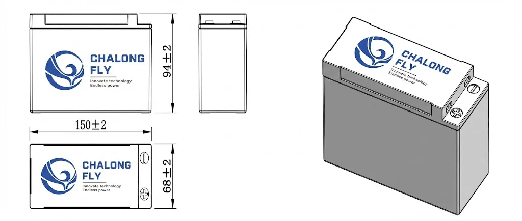 12.8V 6Ah 2D Dimension Diagram