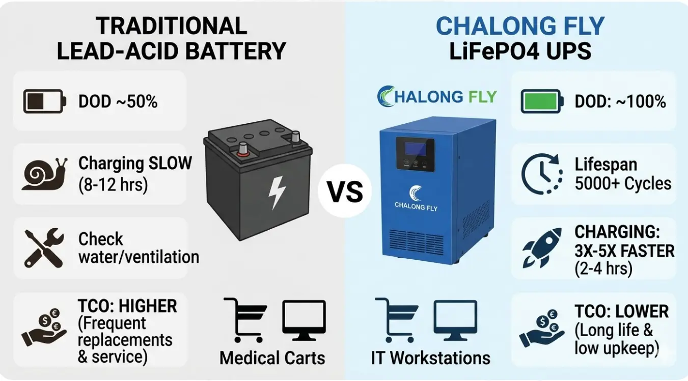 ROI comparison chart showing Chalong Fly LiFePO4 UPS advantages over traditional lead-acid batteries for hospital medical carts and IT workstations.
