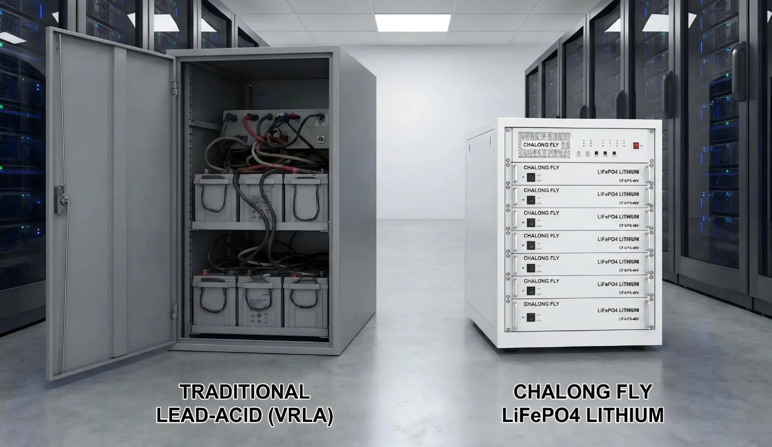 Side-by-side comparison: Bulky traditional Lead-Acid (VRLA) battery cabinet vs. compact white Chalong Fly LiFePO4 lithium UPS battery rack in a data center server room.