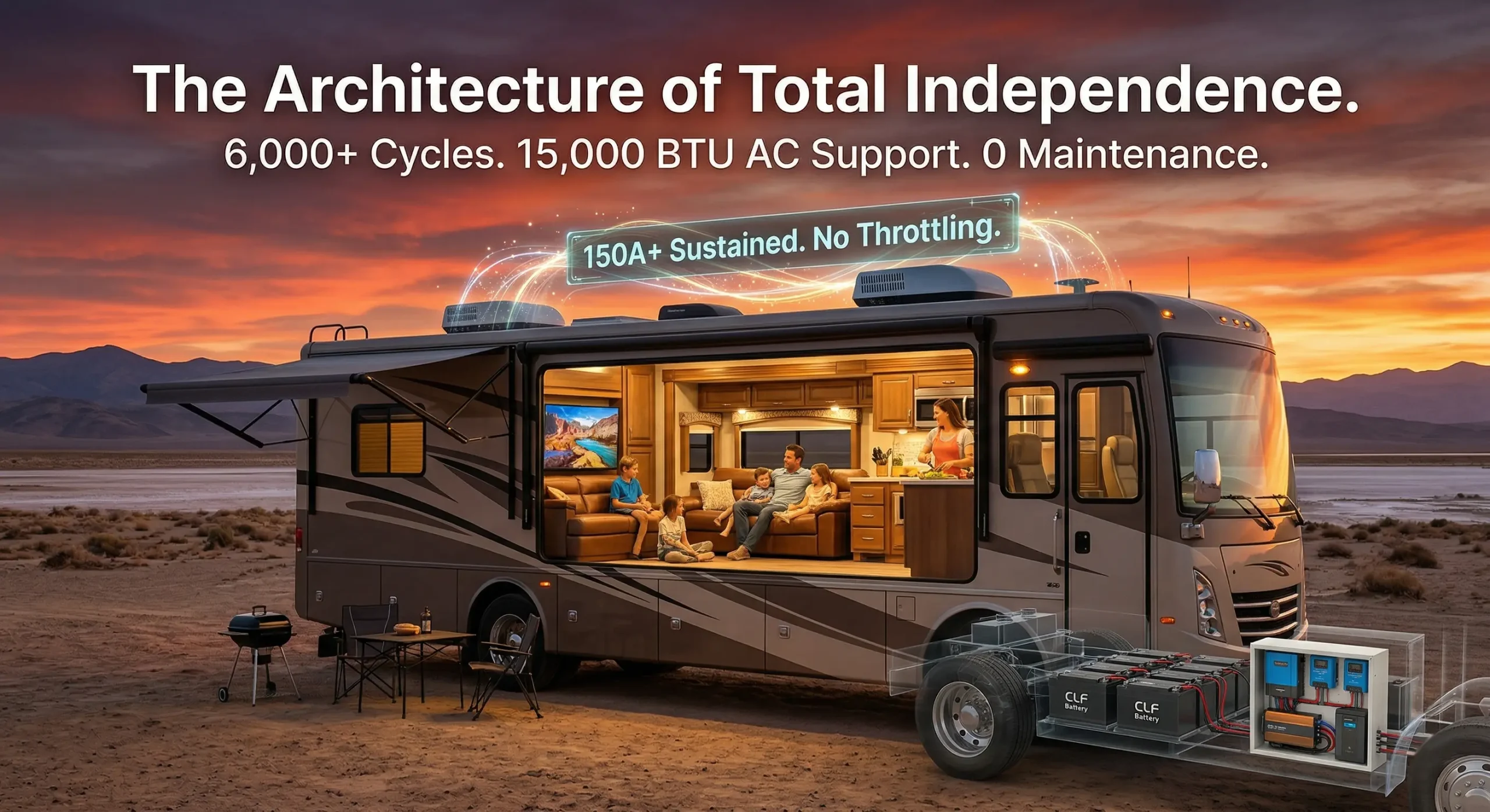 A luxury Class A RV in a desert sunset featuring the CLF off-grid lithium battery system. The chassis cutaway reveals a zero-maintenance power architecture supporting a 15,000 BTU AC with 150A+ sustained load and 6,000+ cycles.