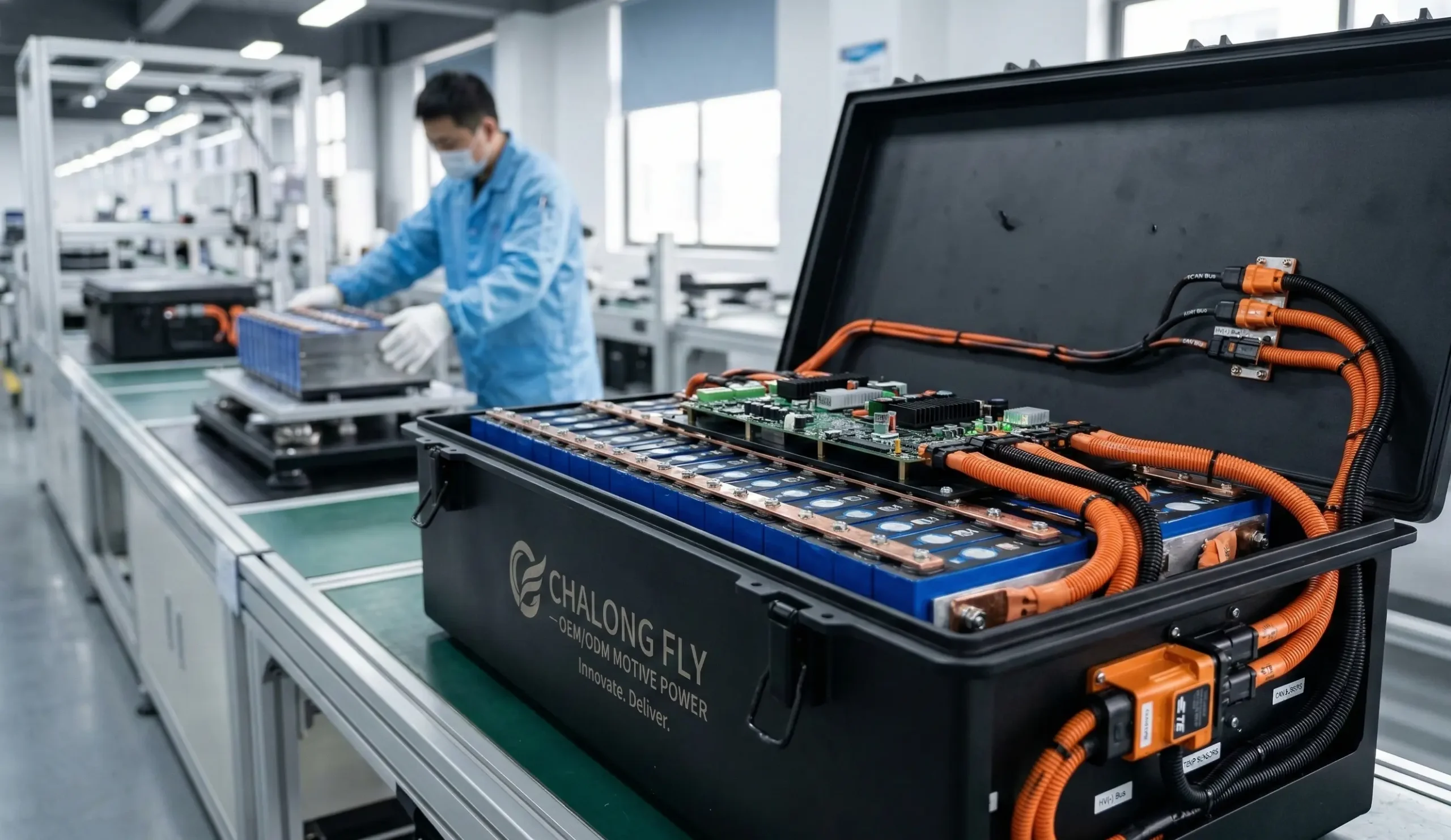 Chalong Fly factory assembling rugged steel case LiFePO4 motive power batteries with smart BMS and custom TE wire harnesses