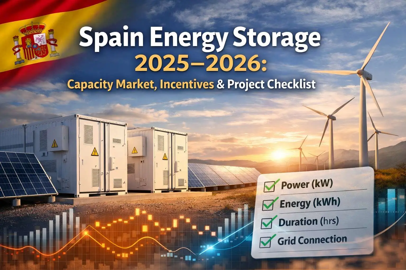 Spain energy storage 2025–2026 cover image showing BESS containers, solar panels, wind turbines, and a project checklist