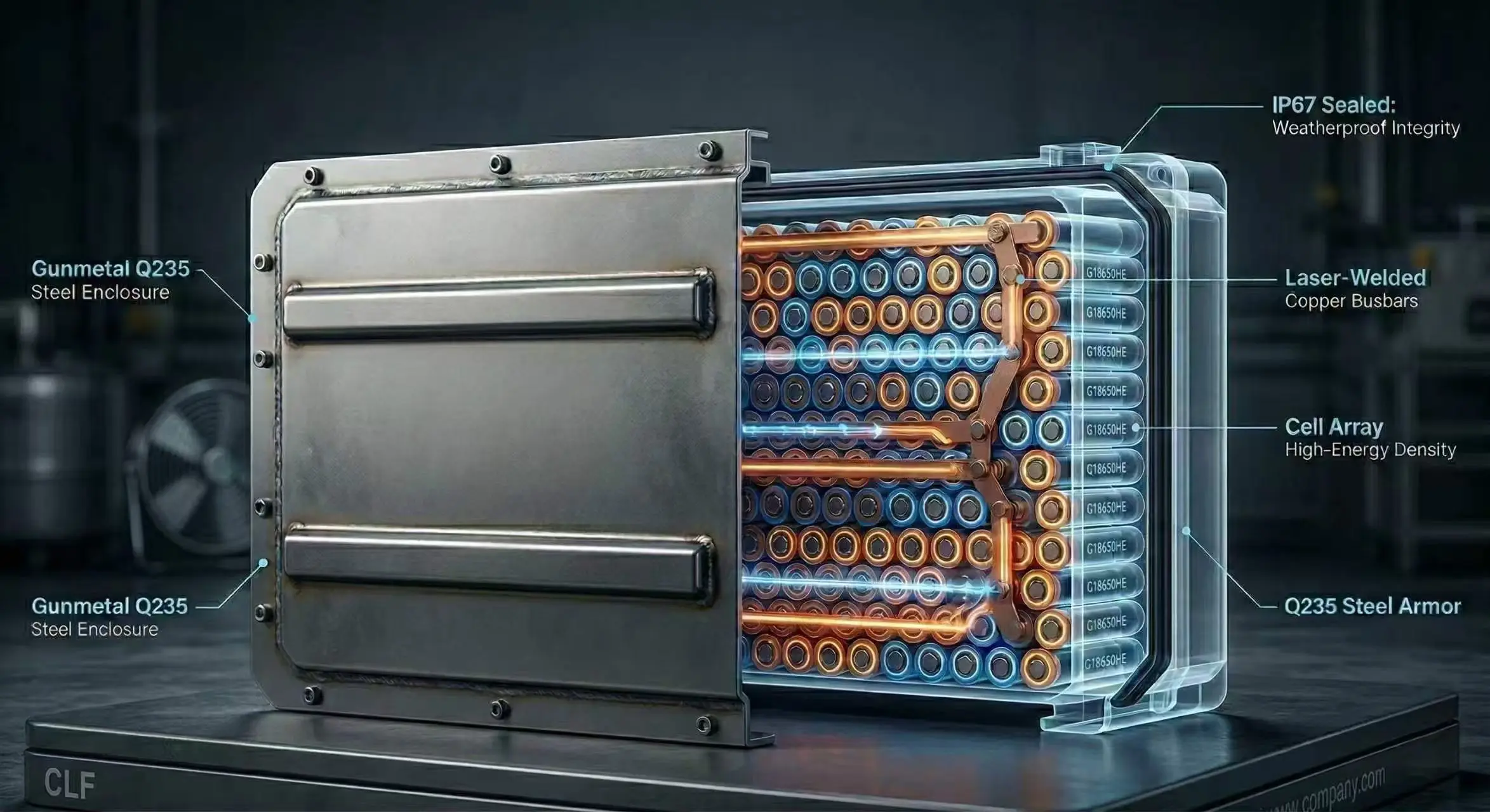 An X-ray anatomical view of the CLF steel battery pack, revealing its rugged Q235 steel enclosure, high-energy density cell array, laser-welded copper busbars, and IP67 weatherproof integrity.