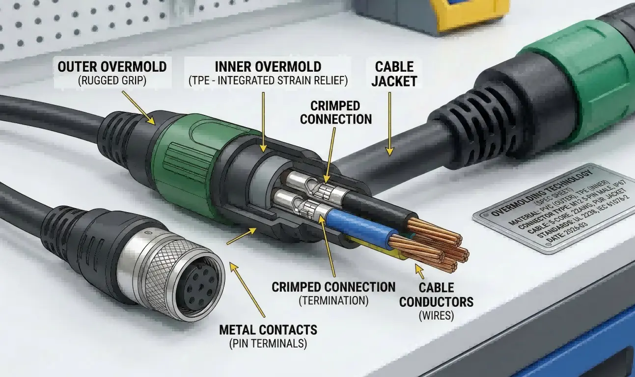 A detailed technical cutaway view and close-up photograph of a custom overmolded industrial cable assembly, illustrating the layers and benefits. All labels are in English. Key highlighted details include: the robust OUTER OVERMOLD (RUGGED GRIP), the flexible INNER OVERMOLD (TPE - INTEGRATED STRAIN RELIEF), the cable jacket, cable conductors, crimped connections, and metal pin terminals. A specification plaque lists materials and standards.