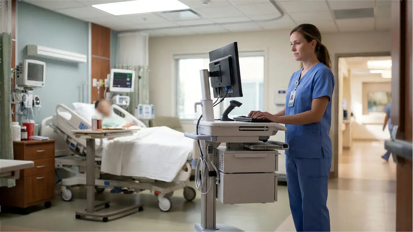 Healthcare professional using a mobile medical cart (WOW) in a hospital room, ensuring zero downtime with a Chalong Fly LiFePO4 battery system.