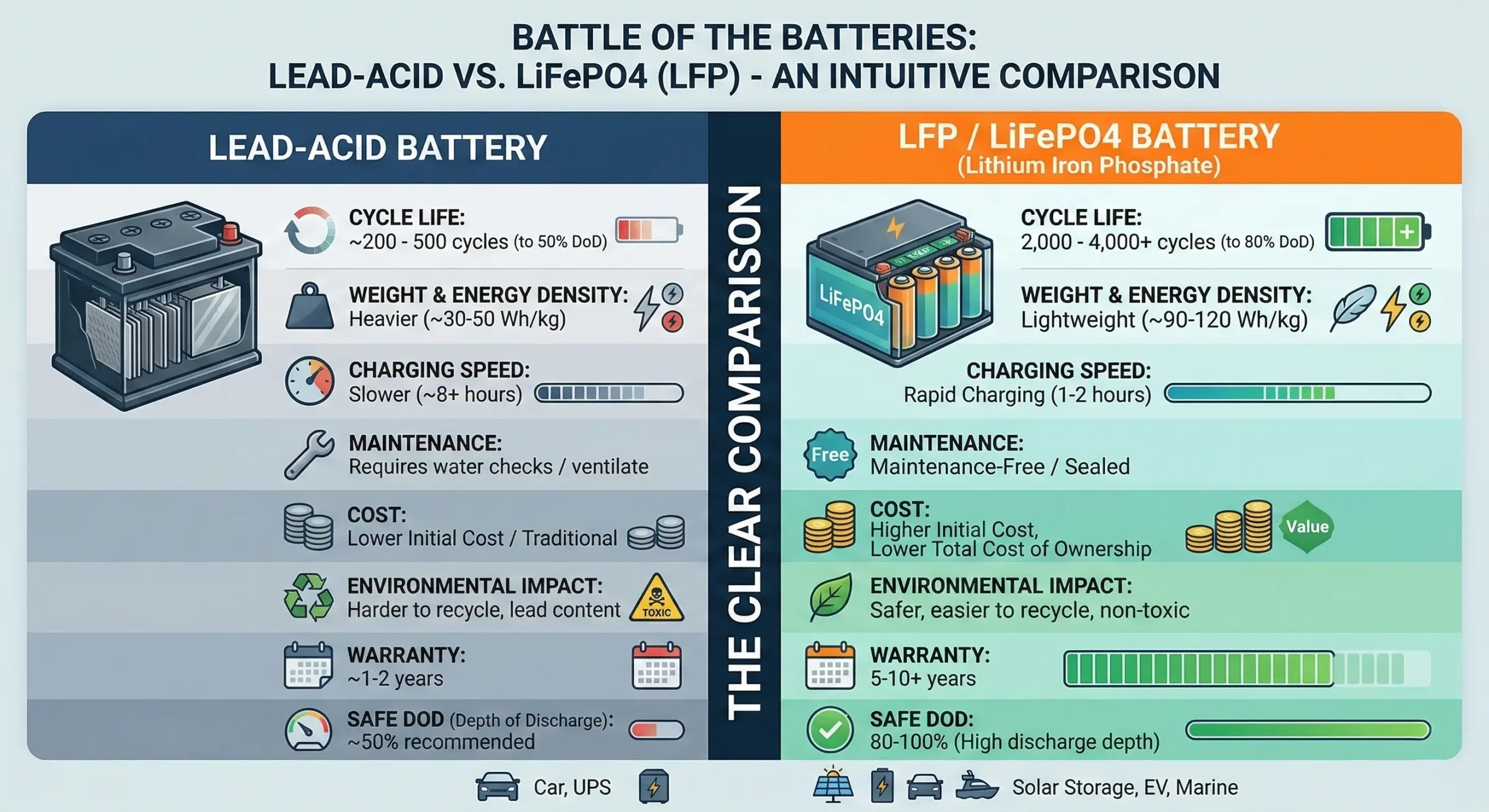 Infographic comparing Lead-Acid and LiFePO4 motive power batteries in cycle life, charging speed, and maintenance