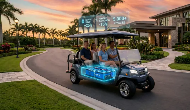 Modern Low-Speed Electric Vehicle (LSEV) golf cart featuring a transparent view of a Chalong Fly LiFePO4 lithium battery upgrade, highlighting range boost and weight reduction.