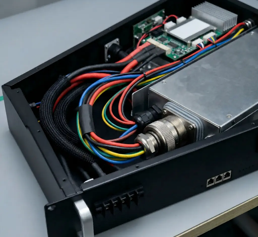 Internal view of a Chalong Fly lithium UPS system featuring an integrated smart BMS and customized, vibration-resistant wiring harnesses for reliable medical power.