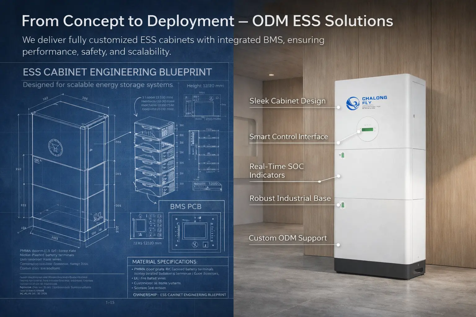 Exploded 3D drawing of a rack-mounted LiFePO4 battery module showing custom internal components for ODM projects, including smart BMS protective sheet, positioning brackets, copper sheets, and TE connectivity negative fast connector