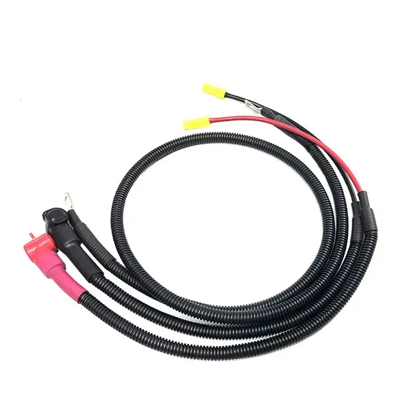 Custom battery and industrial wire harness assembly with protective conduit and terminal connections