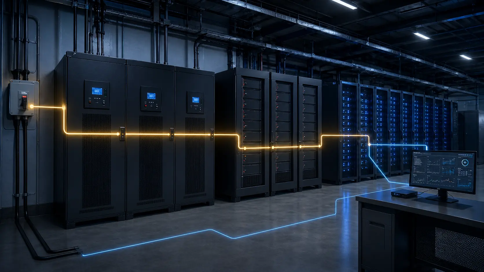 Data center UPS backup power architecture diagram with UPS, lithium battery cabinet, monitoring, and critical IT loads