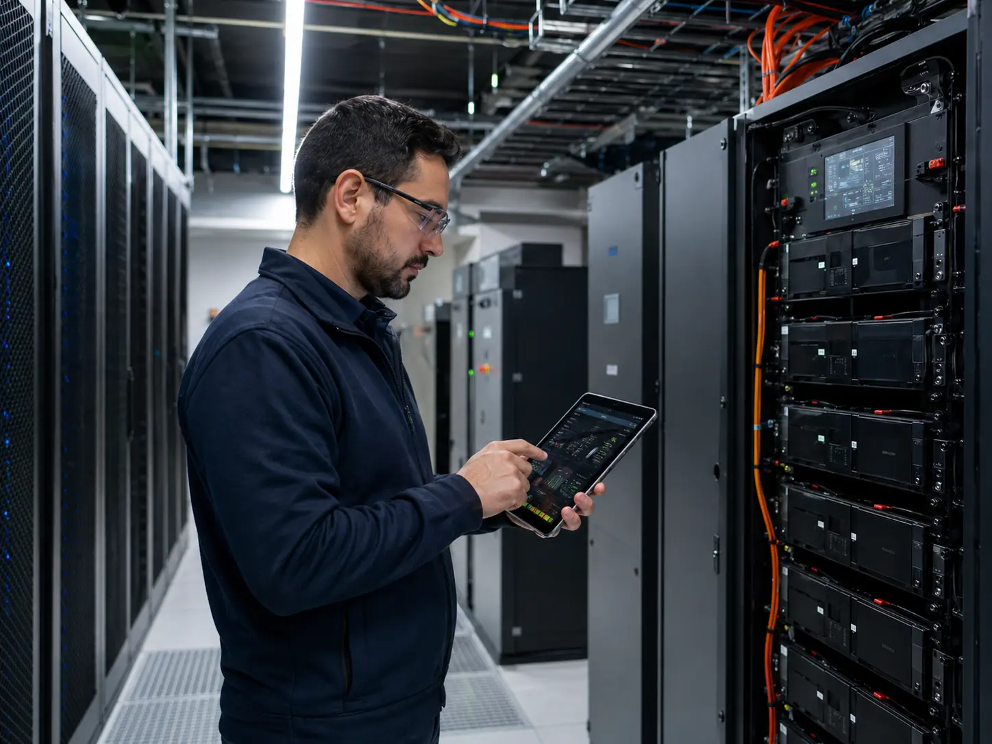 Engineer inspecting data center UPS battery backup system and lithium battery cabinet