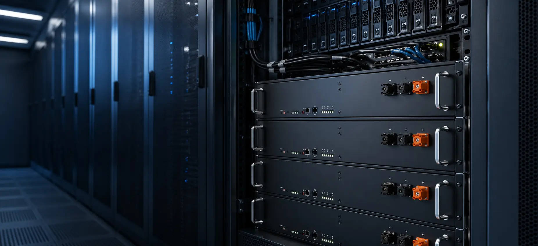 Rack mount lithium UPS battery modules installed in a server rack for data center backup power