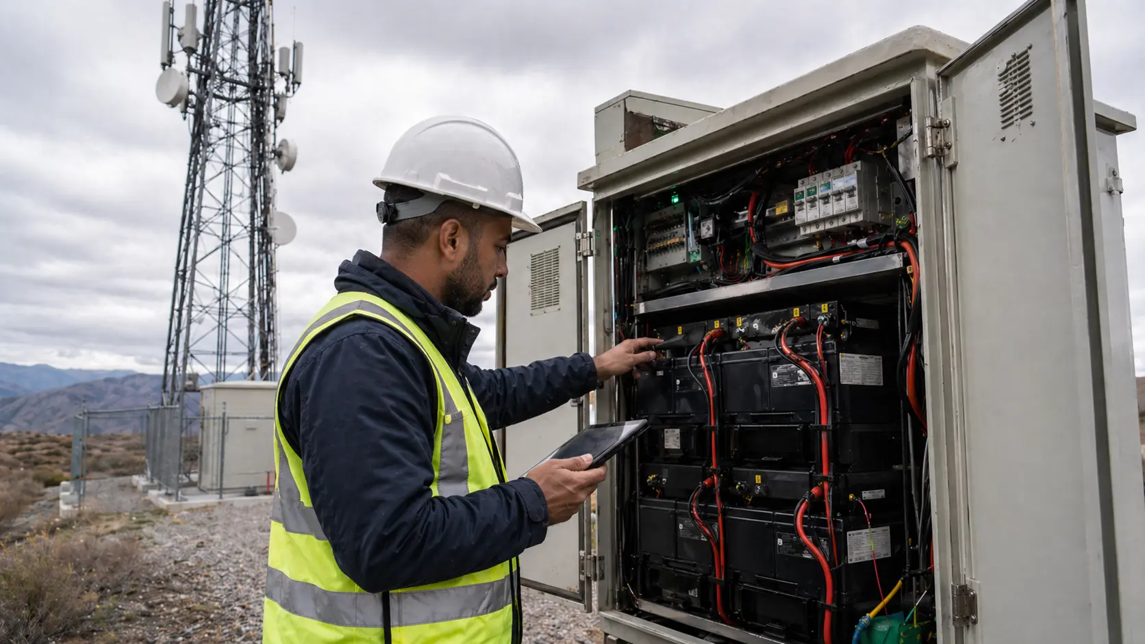 Engineer inspecting telecom backup battery cabinet at remote communication site