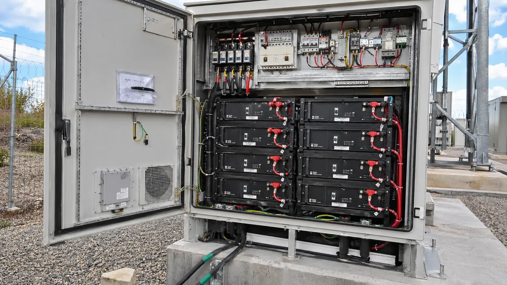 Inside view of outdoor telecom battery cabinet with LiFePO4 backup battery modules and wiring harness