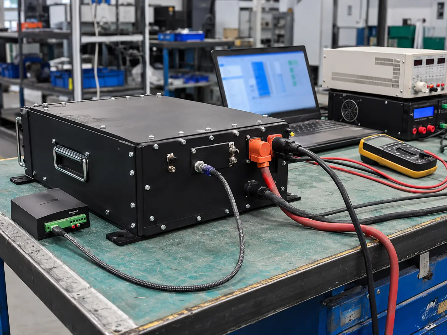 48V LiFePO4 battery pack testing with BMS charger validation and industrial equipment integration