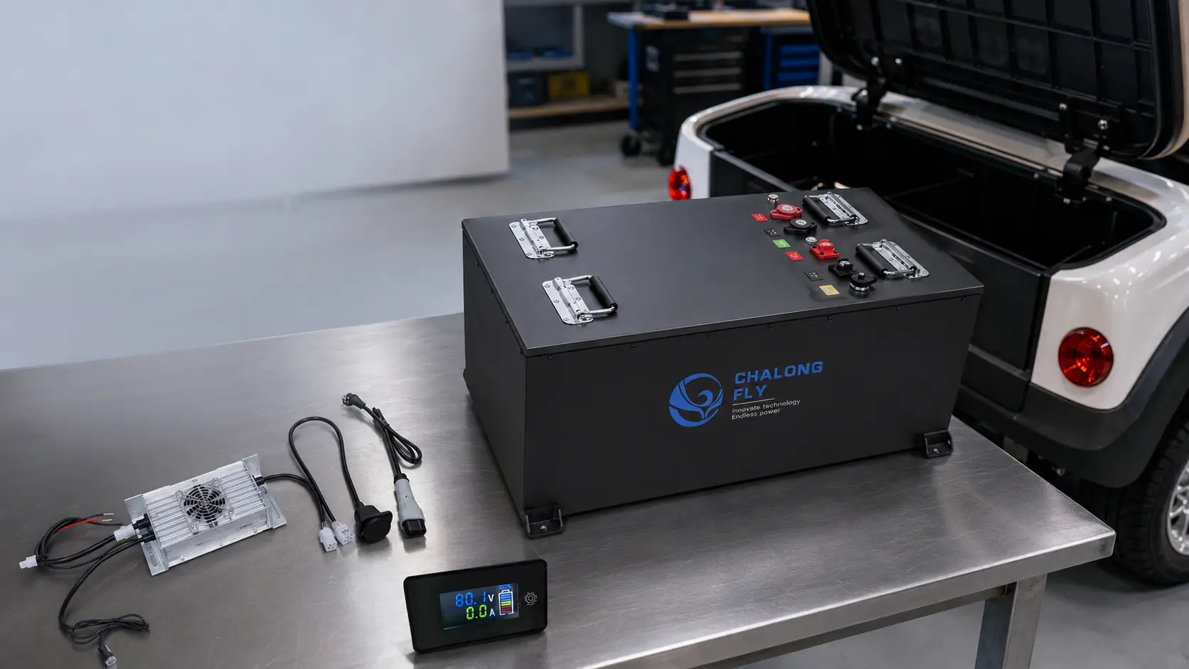 72V LiFePO4 battery pack design for low-speed electric vehicle with BMS motor controller charger interface wiring harness connectors fuse and steel enclosure