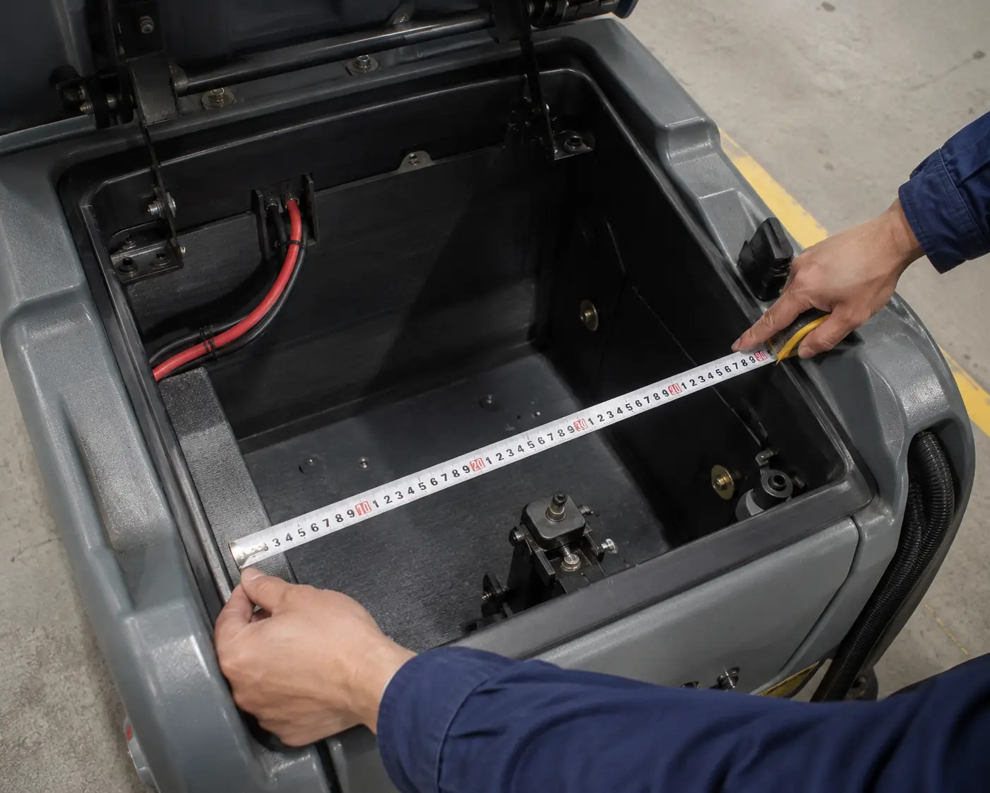 Battery compartment measurement for a floor cleaning machine lithium battery pack
