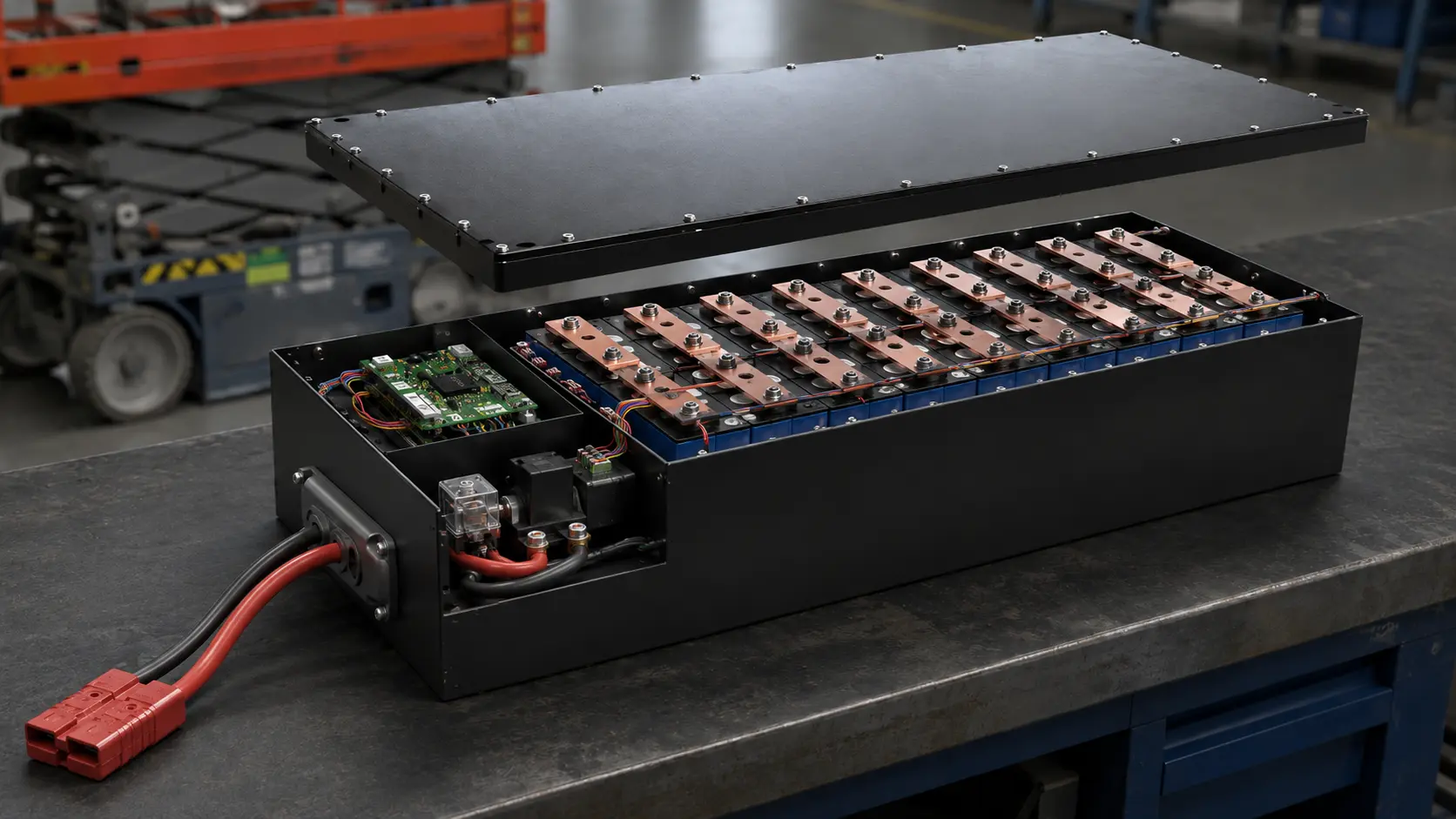 Internal BMS and wiring layout inside a steel-case LiFePO4 battery pack for aerial work platforms and scissor lifts