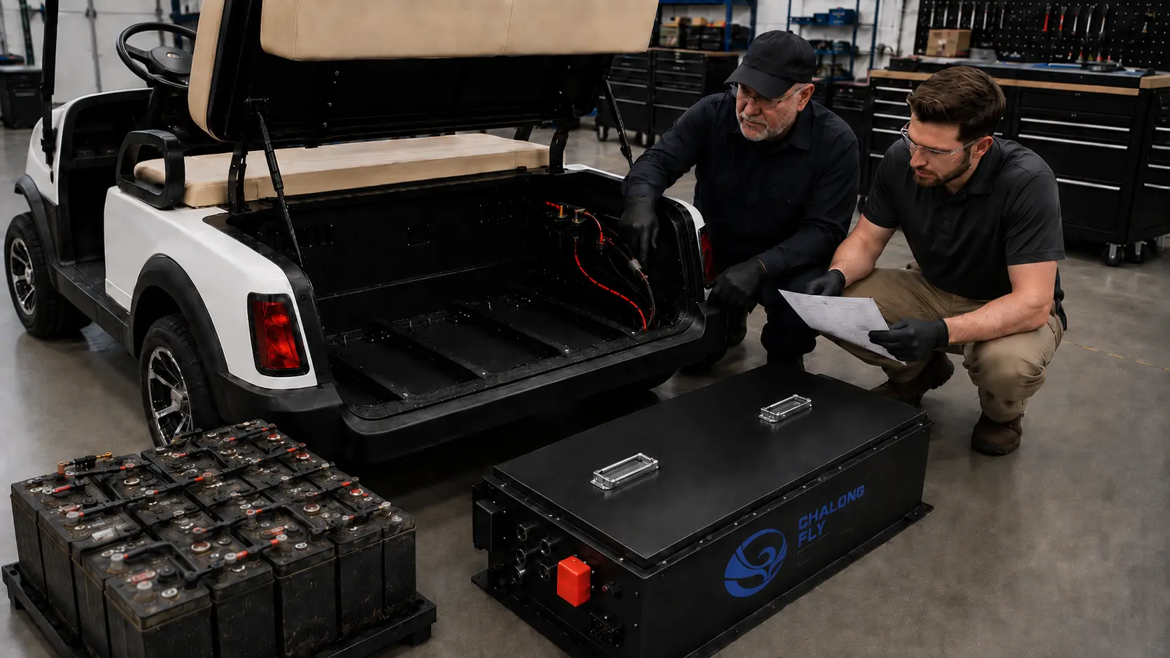 Golf cart lithium battery upgrade with LiFePO4 battery pack lead-acid replacement battery tray connector cable charger and BMS inspection