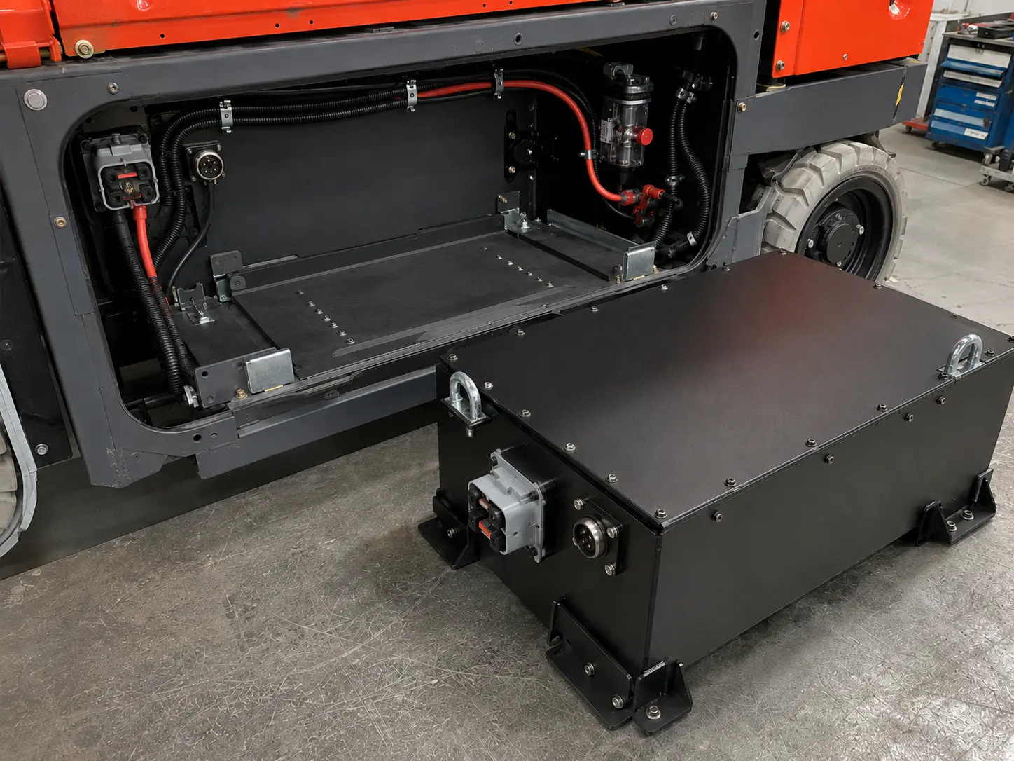 Battery compartment measurement and fitment for a scissor lift LiFePO4 battery pack