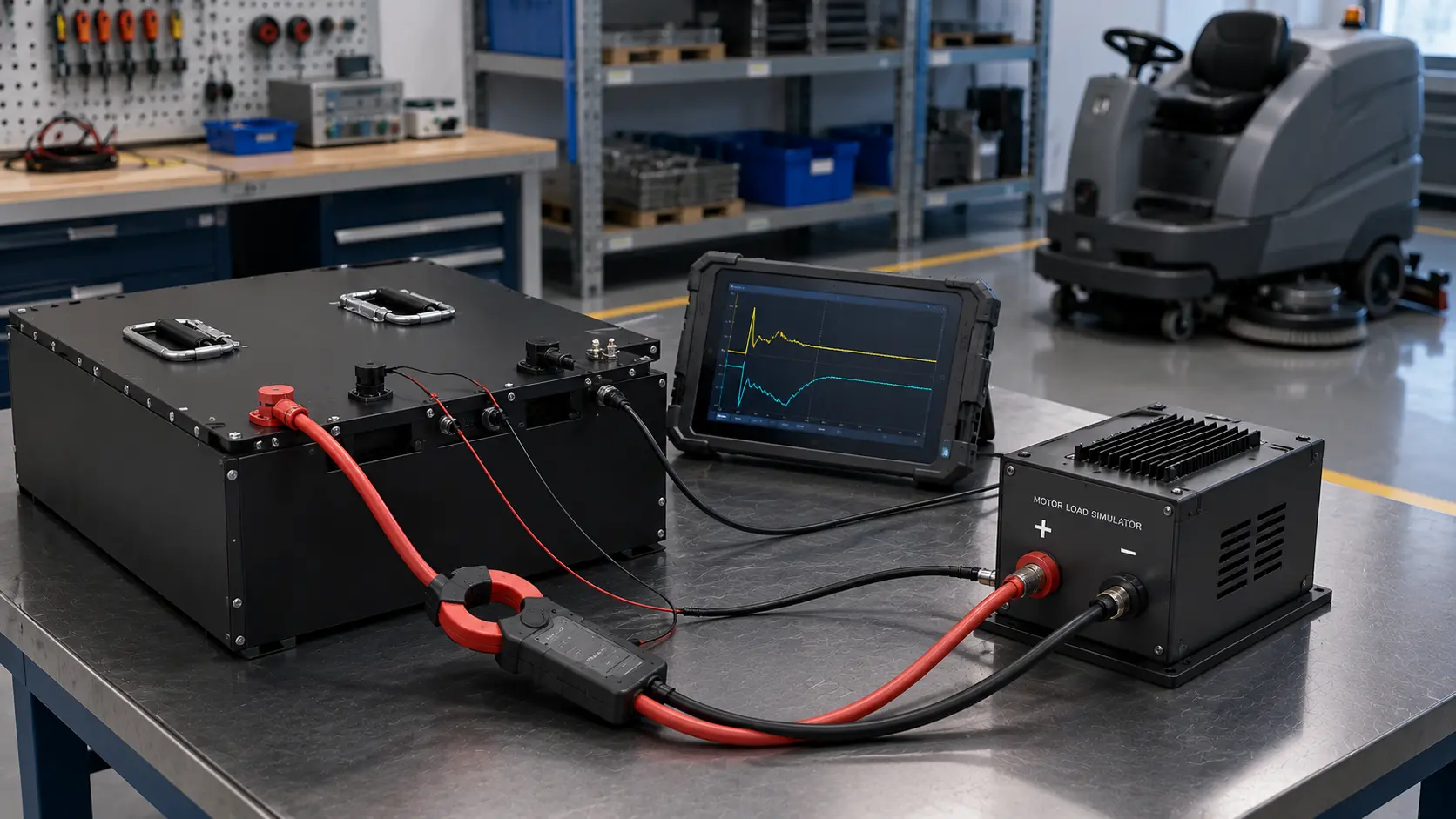Floor scrubber LiFePO4 battery shutdown diagnosis with BMS current protection motor startup current test and voltage sag waveform