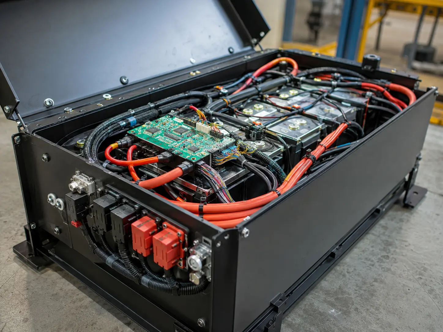 BMS and battery wiring harness integration for a LiFePO4 floor scrubber battery pack