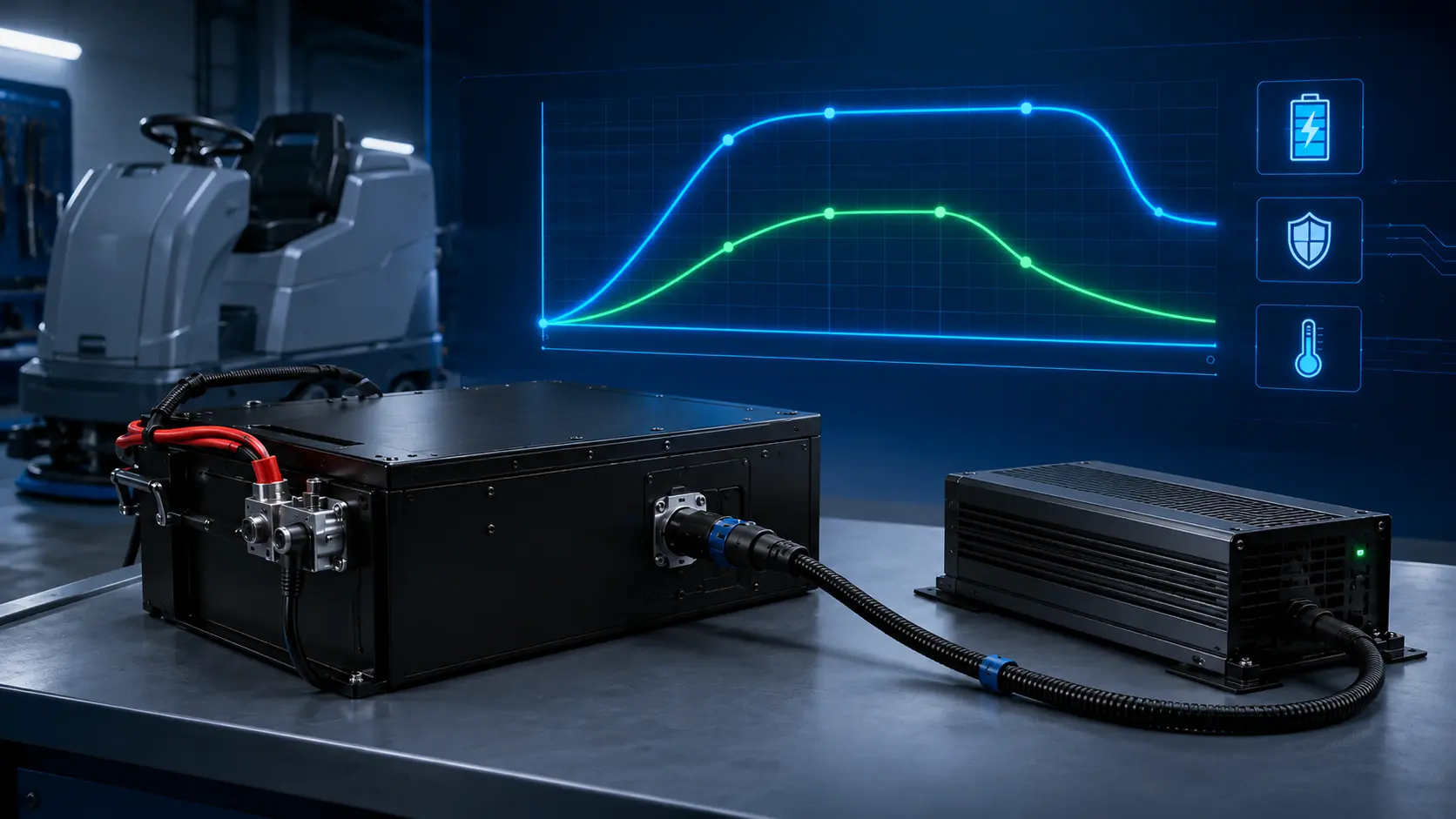 Black LiFePO4 battery pack and industrial charger for floor scrubber charger matching with charging curve engineering visualization