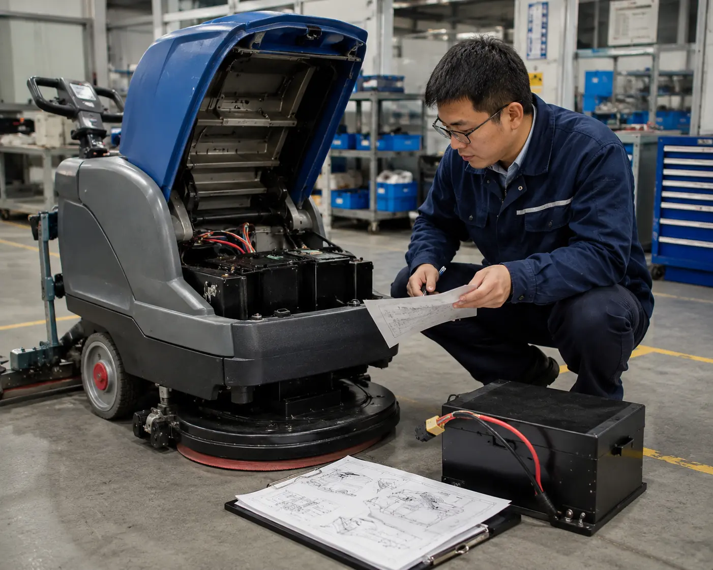 Engineer selecting a custom LiFePO4 battery pack for floor cleaning machines