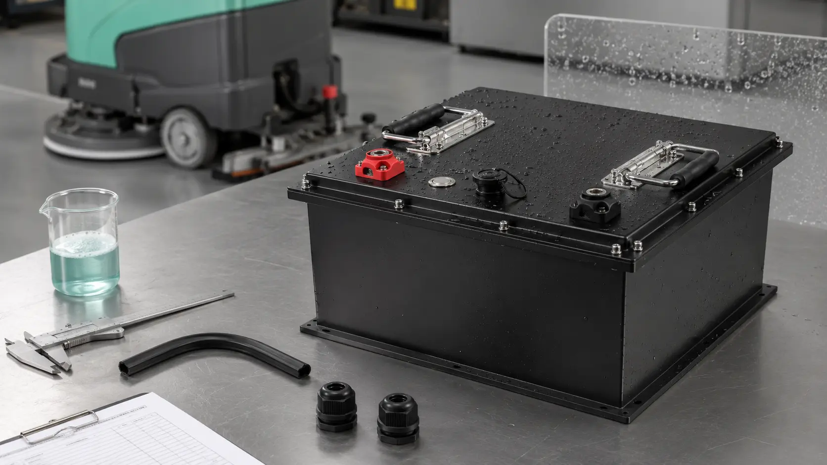 IP rating and chemical resistance review for floor cleaning machine LiFePO4 battery pack with water droplets, sealed steel enclosure, cable protection and cleaning equipment background