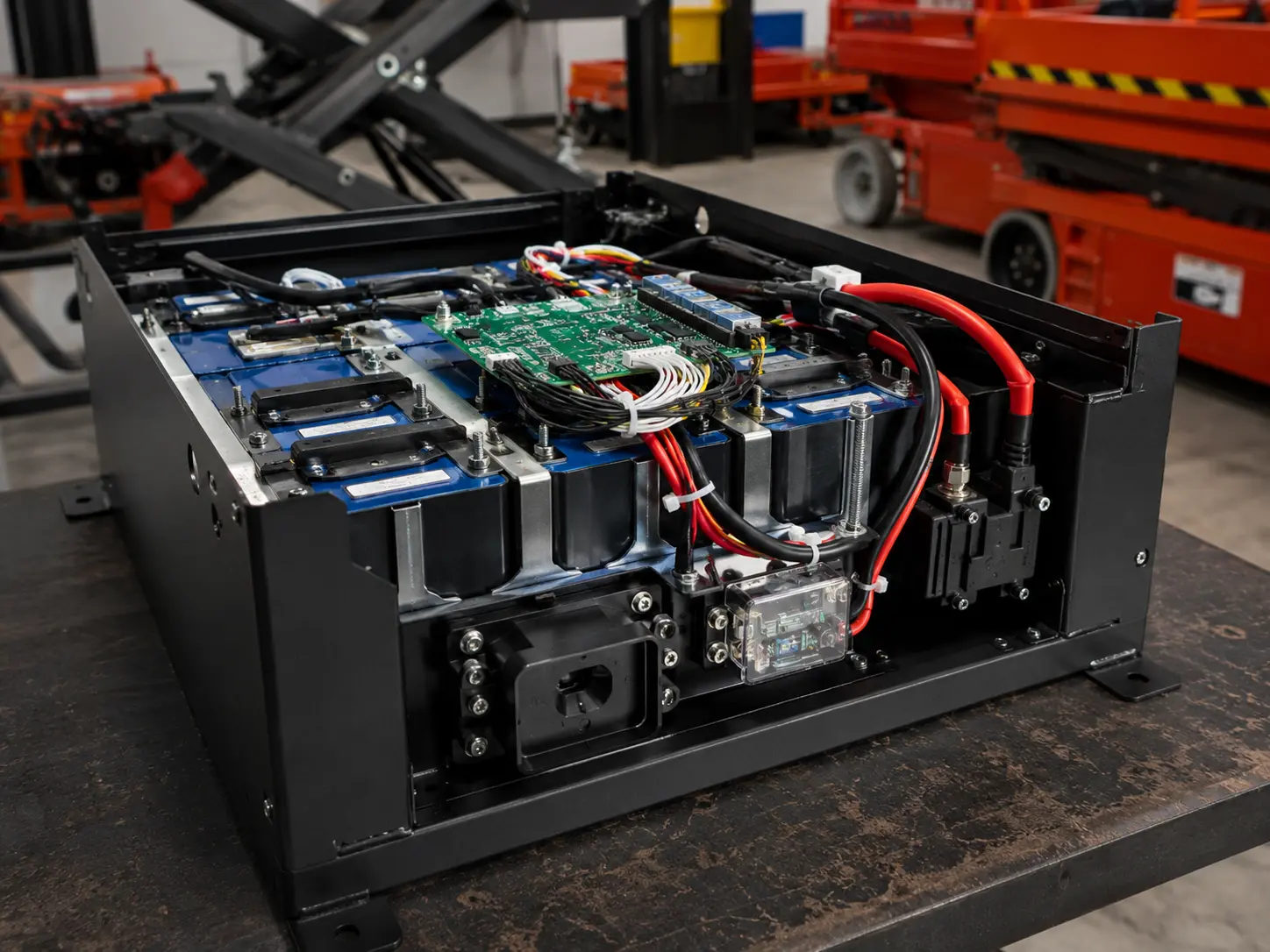 BMS wiring harness and connector integration for scissor lift LiFePO4 battery pack