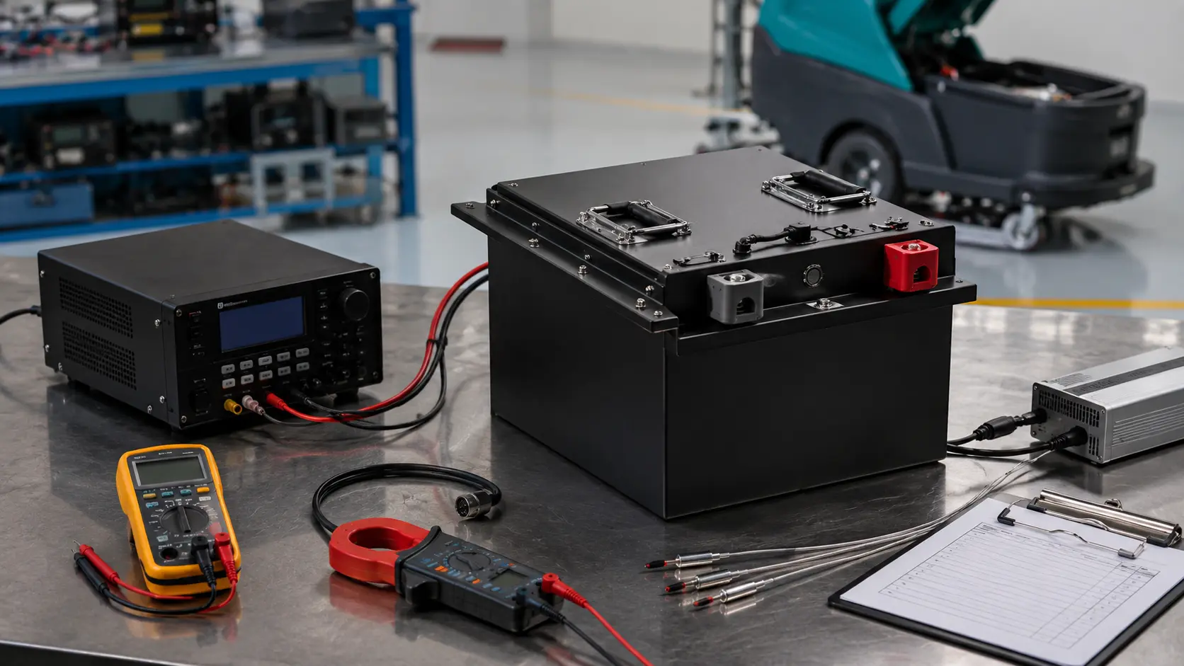 OEM validation test bench for floor scrubber LiFePO4 battery pack with electronic load tester multimeter current clamp charger and floor cleaning machine background