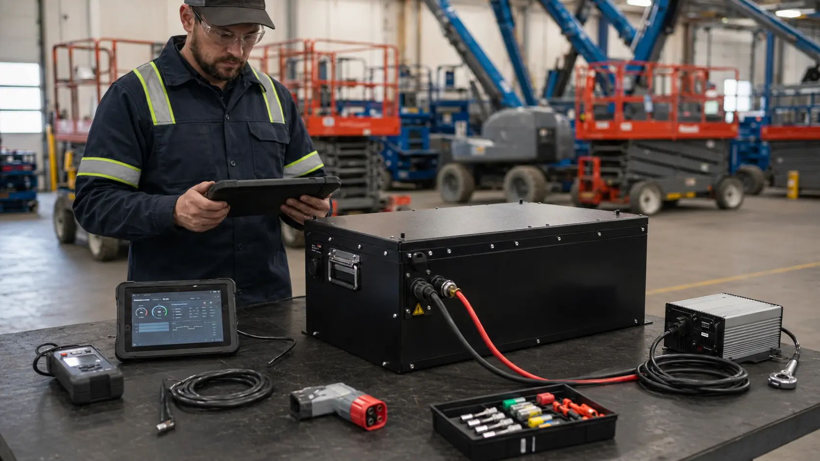 LiFePO4 battery validation station for MEWP rental fleet maintenance and aerial work platform service testing