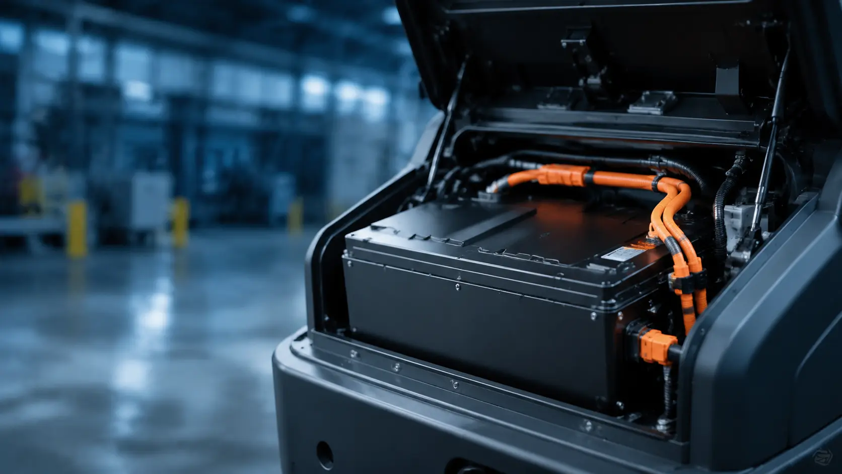 OEM LiFePO4 battery pack with custom orange wire harness installed in an industrial floor scrubber battery compartment