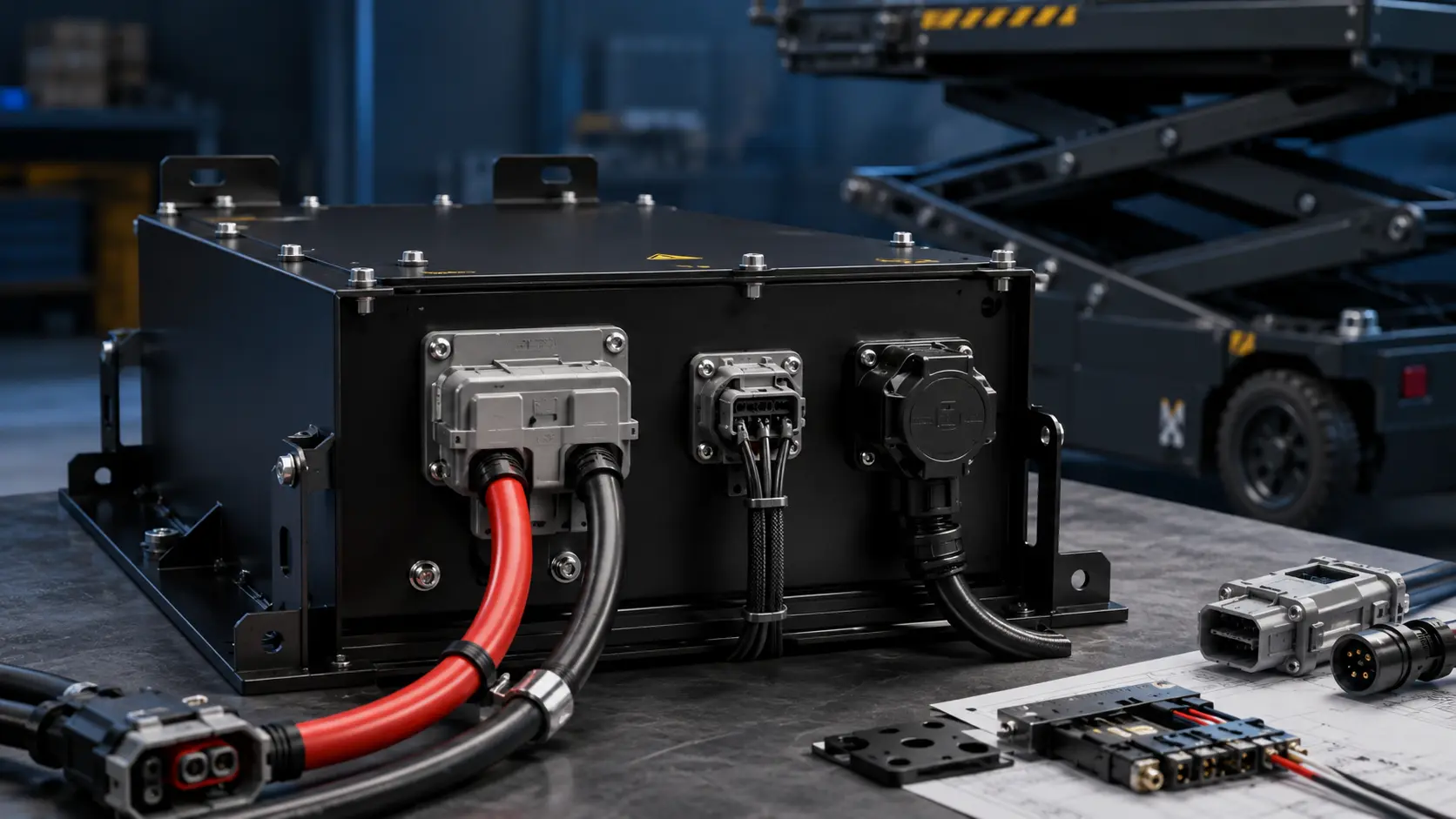 High-current power connector, charger port and CAN RS485 signal connector layout for a scissor lift LiFePO4 battery pack