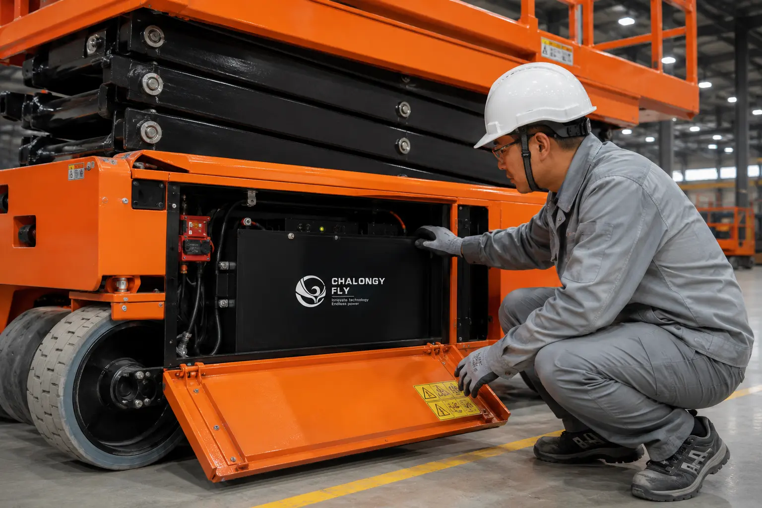 Technician inspecting Chalongfly lithium battery replacement in scissor lift compartment