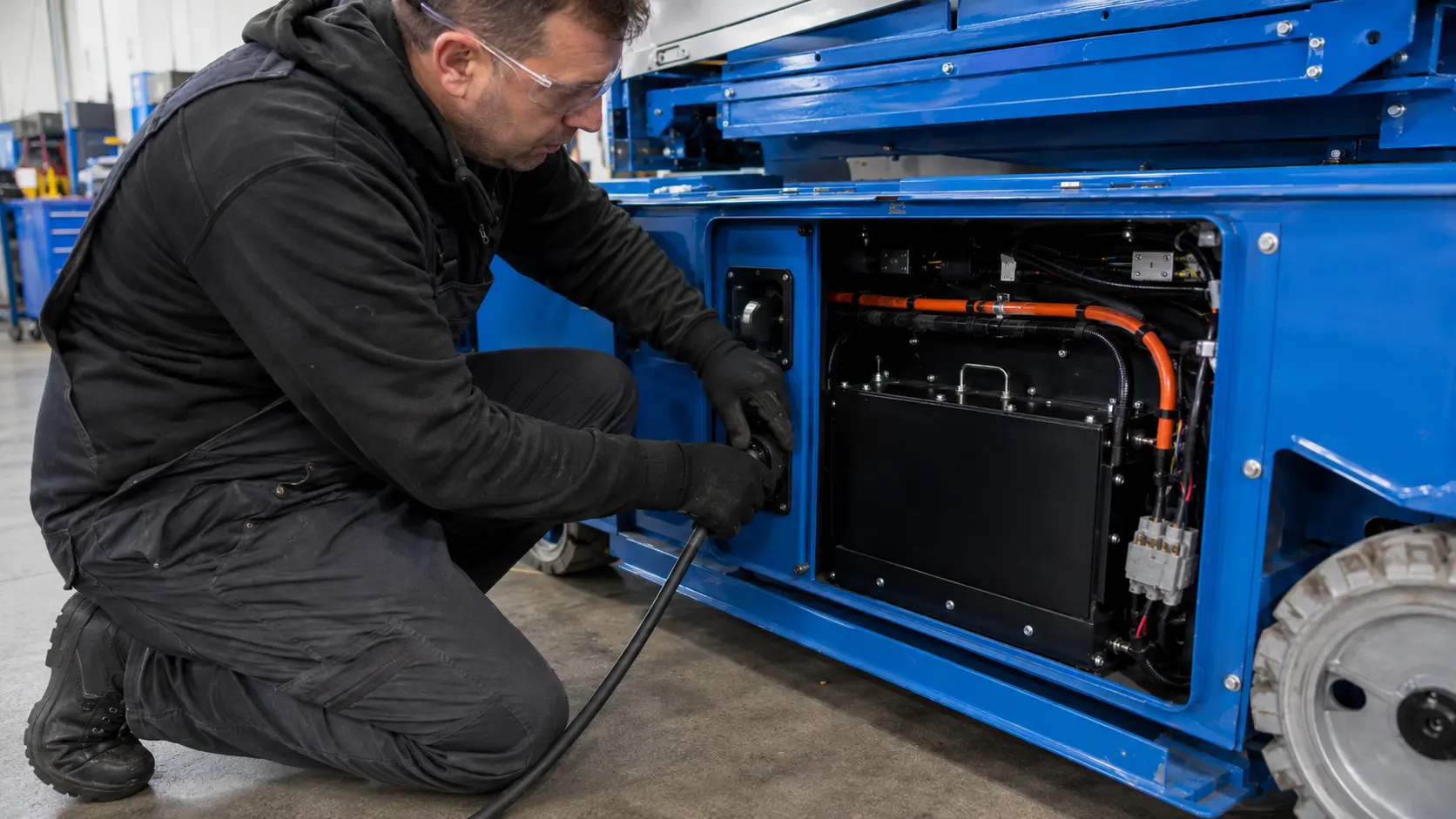Engineer inspecting LiFePO4 battery charger connection and wiring harness in a scissor lift battery compartment