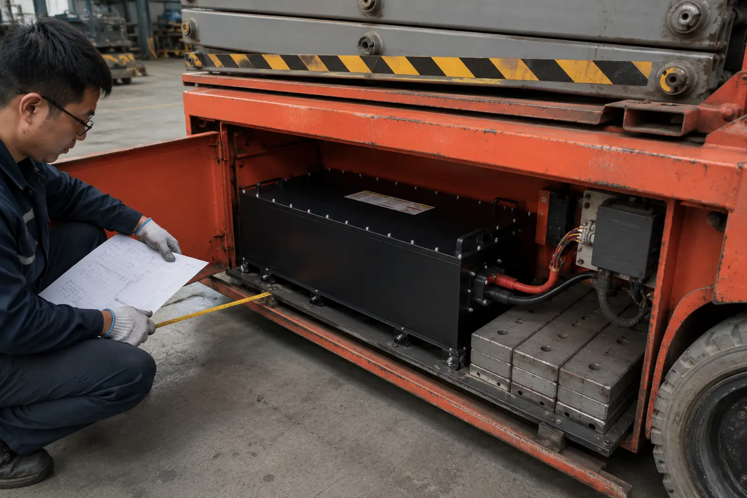 Steel-case LiFePO4 battery pack with bolted ballast plates installed in a scissor lift battery compartment