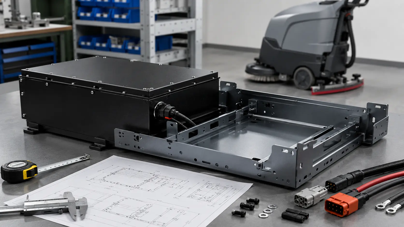 OEM LiFePO4 battery compartment design and tray fitment review for walk-behind floor scrubbers