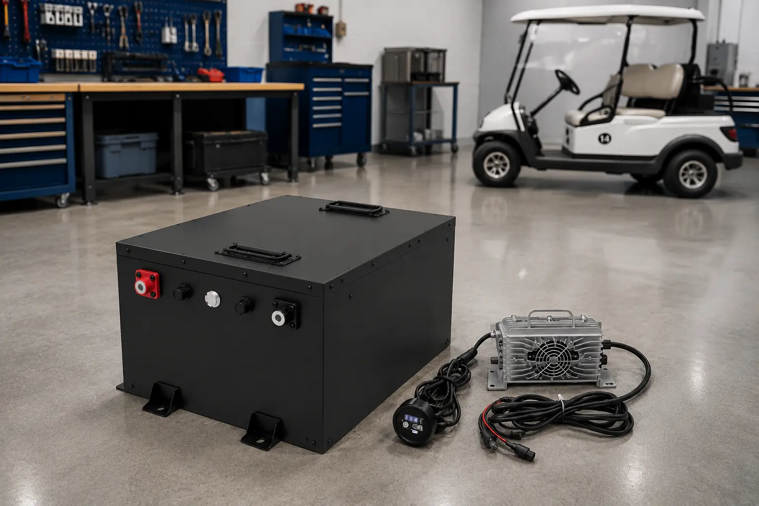 96V LiFePO4 battery pack design for electric utility vehicles with BMS contactor pre-charge wiring harness and charger integration