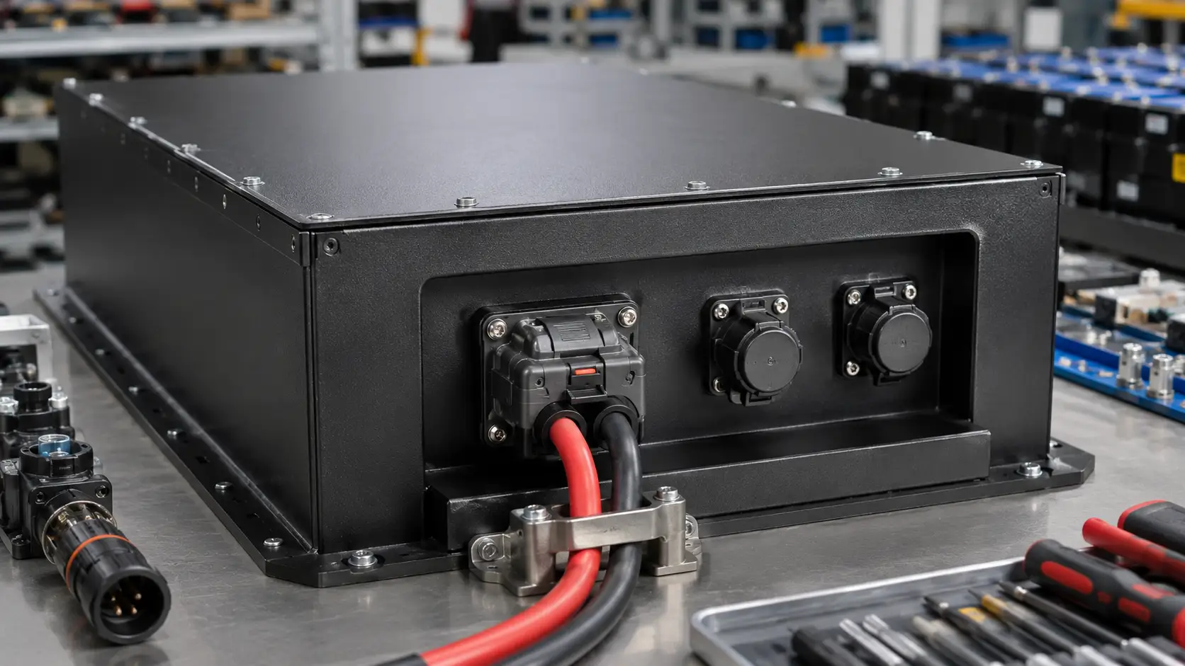 Industrial LiFePO4 battery pack connector locking strain relief and service access design with high-current cables and capped communication connectors
