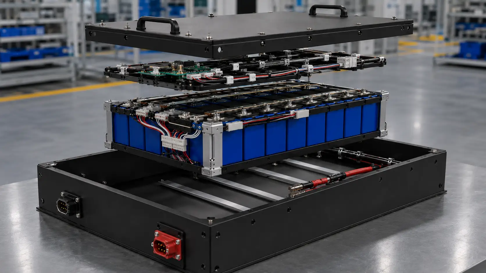 Exploded view of an industrial LiFePO4 battery pack showing BMS signal harness design communication wiring and battery module layout