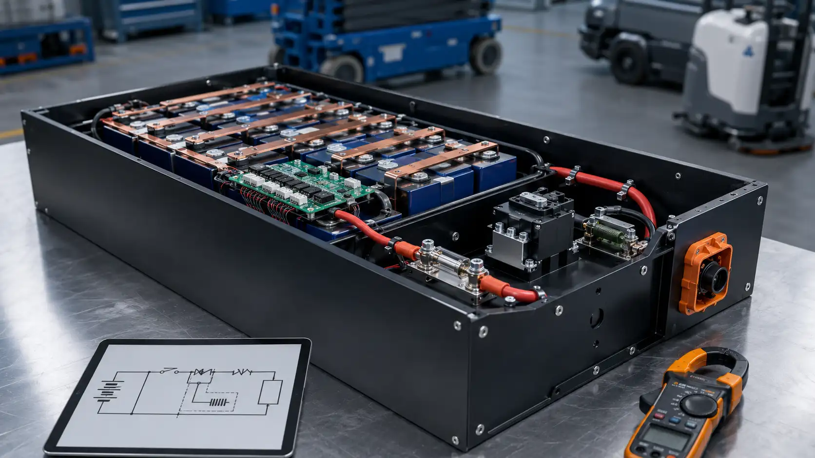 Fuse contactor and pre-charge circuit design for industrial LiFePO4 battery pack with BMS power cables and protection components