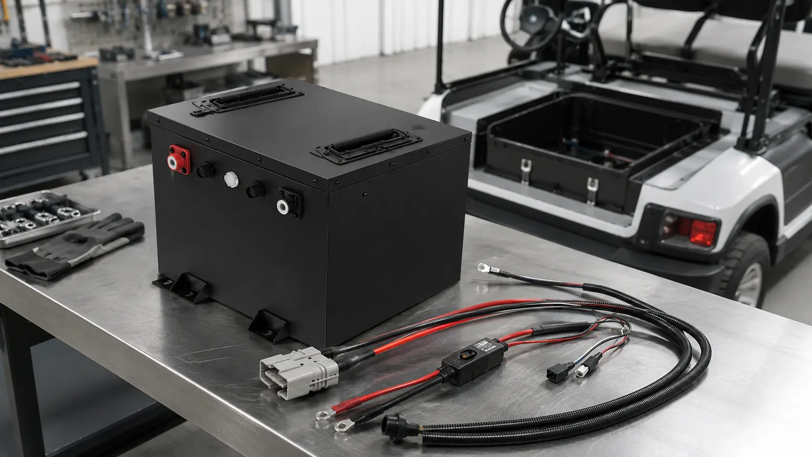 Golf cart lithium battery pack with Anderson-style connector and custom battery wiring harness