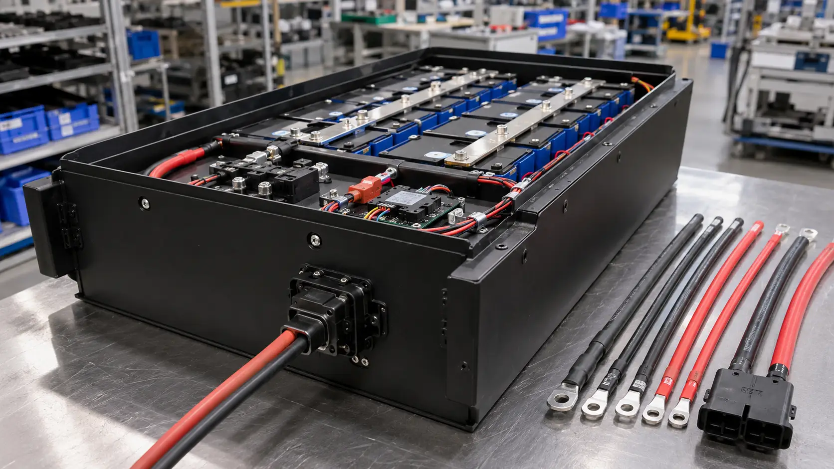 High-current cable sizing for an OEM LiFePO4 battery pack with red and black output cables, front connector and cable samples