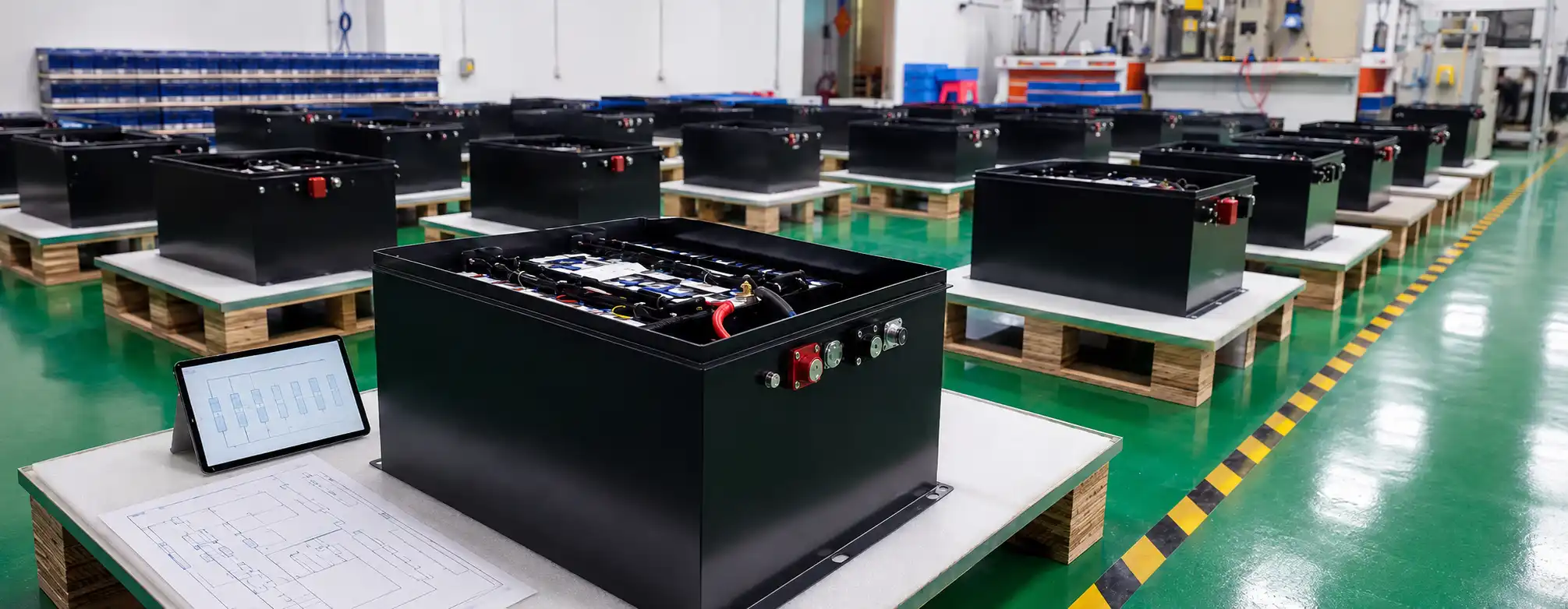 LiFePO4 cell configuration for industrial battery packs with open steel case, BMS wiring, busbars and engineering drawings
